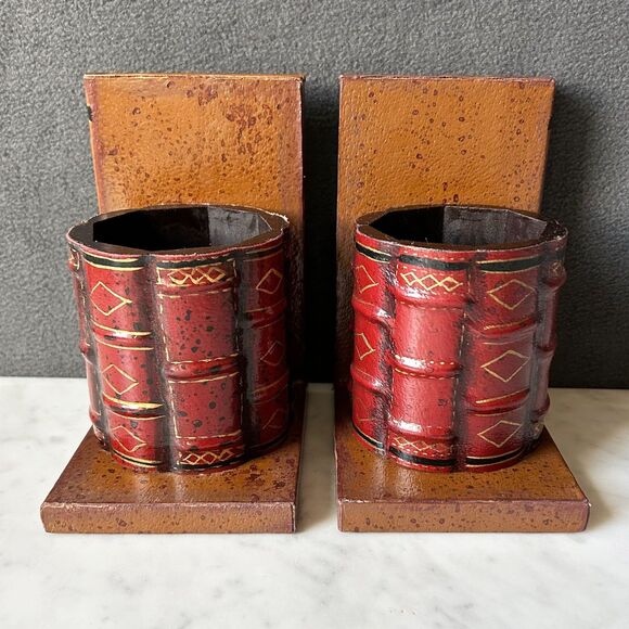 Mid Century Modern Faux Leather Bookends with Pen Cup MCM Retro Office Decor - Picture 3 of 9